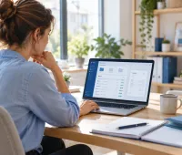 Une professionnelle indépendante consulte ses factures sur un ordinateur portable. Image d’illustration générée par IA.