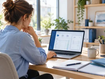 Une professionnelle indépendante consulte ses factures sur un ordinateur portable. Image d’illustration générée par IA.