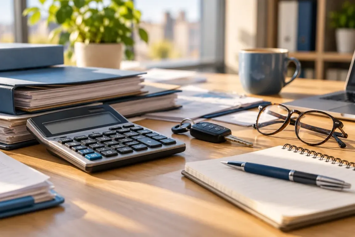 Calculatrice, dossiers professionnels et clés de voiture sur un bureau. Image d’illustration générée par IA.