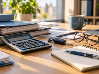 Calculatrice, dossiers professionnels et clés de voiture sur un bureau. Image d’illustration générée par IA.