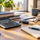 Calculatrice, dossiers professionnels et clés de voiture sur un bureau. Image d’illustration générée par IA.