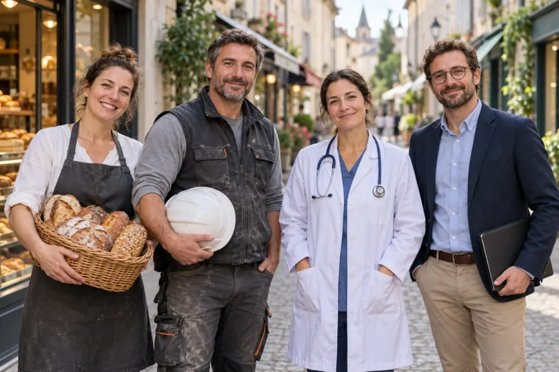 Une boulangère, un artisan, une professionnelle de santé et un conseiller dans une rue commerçante fictive. Image d’illustration générée par IA.