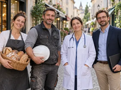 Une boulangère, un artisan, une professionnelle de santé et un conseiller dans une rue commerçante fictive. Image d’illustration générée par IA.