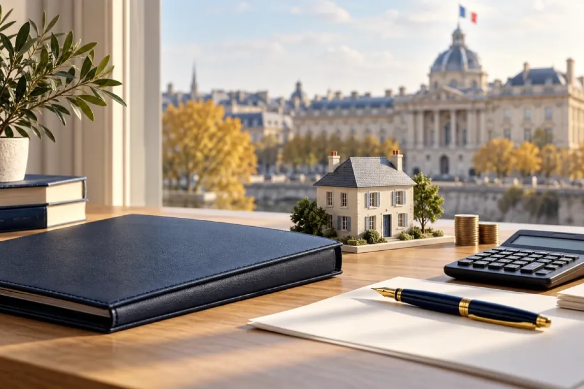 Dossier, calculatrice et maquette de maison illustrant la préparation du budget et la transmission du patrimoine. Image d’illustration générée par IA.