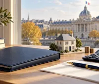 Dossier, calculatrice et maquette de maison illustrant la préparation du budget et la transmission du patrimoine. Image d’illustration générée par IA.