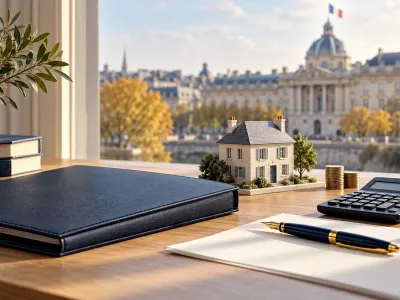 Dossier, calculatrice et maquette de maison illustrant la préparation du budget et la transmission du patrimoine. Image d’illustration générée par IA.