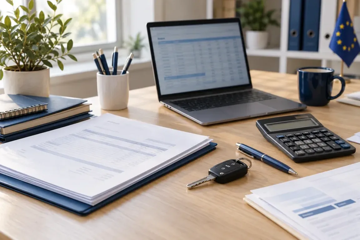 Ordinateur, factures, calculatrice et clés de voiture sur le bureau d’un professionnel indépendant. Image d’illustration générée par IA.