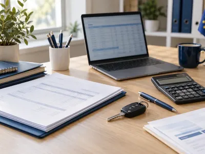 Ordinateur, factures, calculatrice et clés de voiture sur le bureau d’un professionnel indépendant. Image d’illustration générée par IA.