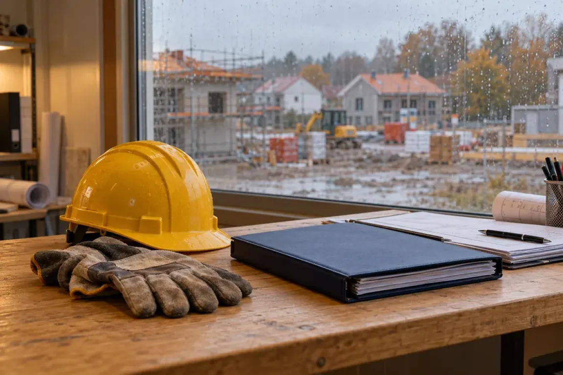 Casque de chantier, gants de protection et dossier de paie devant un chantier sous la pluie. Image d’illustration générée par IA.