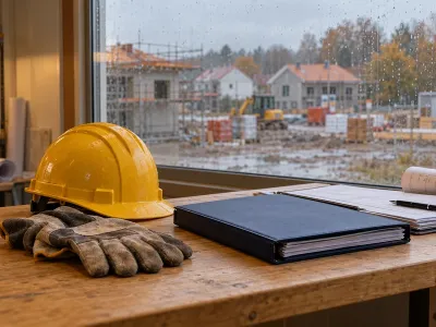 Casque de chantier, gants de protection et dossier de paie devant un chantier sous la pluie. Image d’illustration générée par IA.