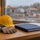 Casque de chantier, gants de protection et dossier de paie devant un chantier sous la pluie. Image d’illustration générée par IA.