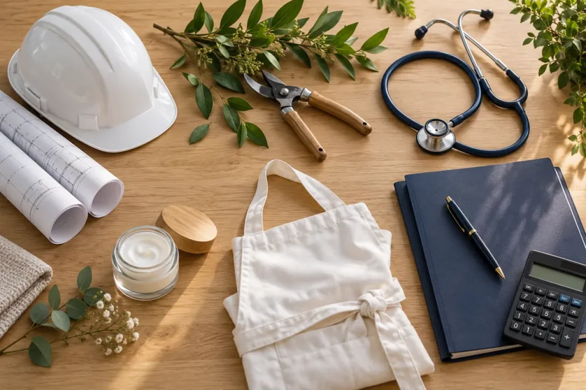 Casque, sécateur, stéthoscope, tablier, pot de soin et dossier représentant plusieurs métiers indépendants. Image d’illustration générée par IA.