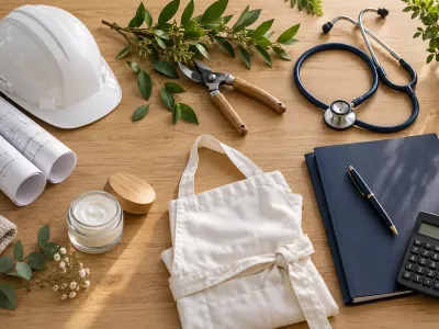 Casque, sécateur, stéthoscope, tablier, pot de soin et dossier représentant plusieurs métiers indépendants. Image d’illustration générée par IA.